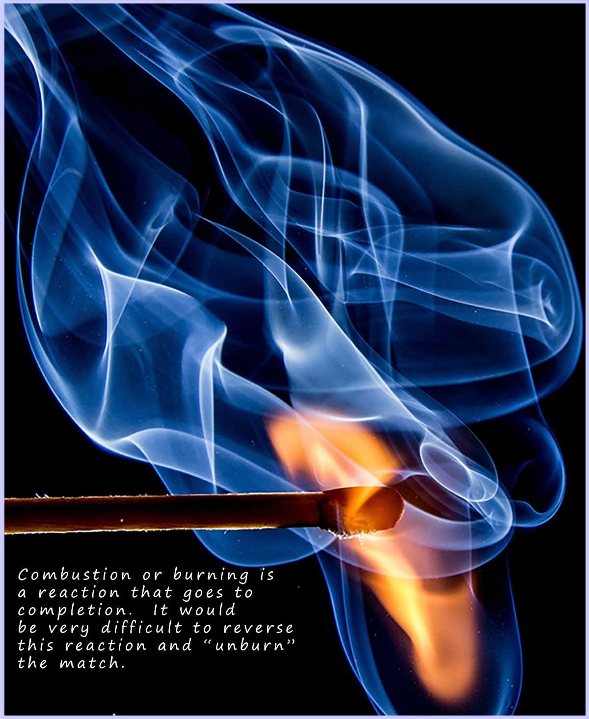 Burning a match is an example of a combustion reaction and a reaction that is not reversible.  This reaction goes to completion